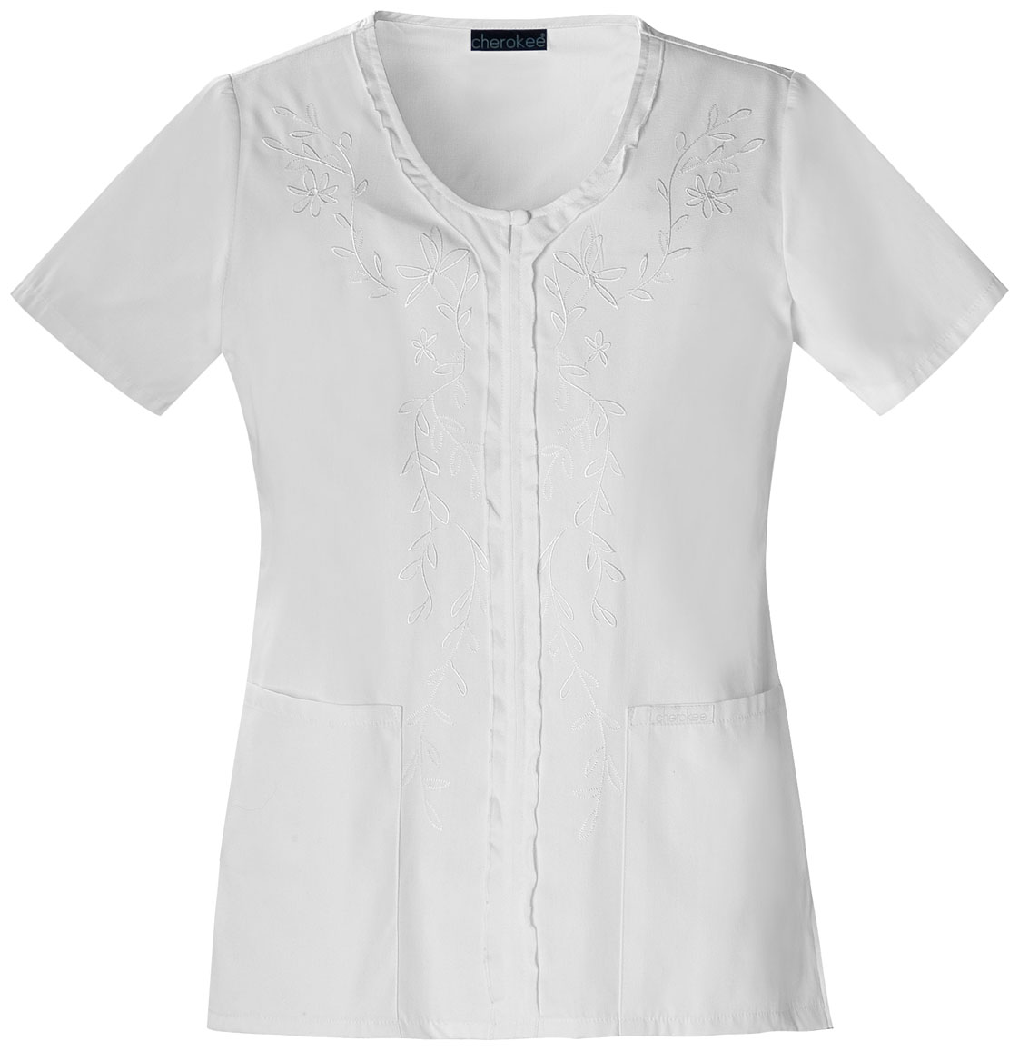 Cherokee Fashion Solids V-Neck Embroidred Top