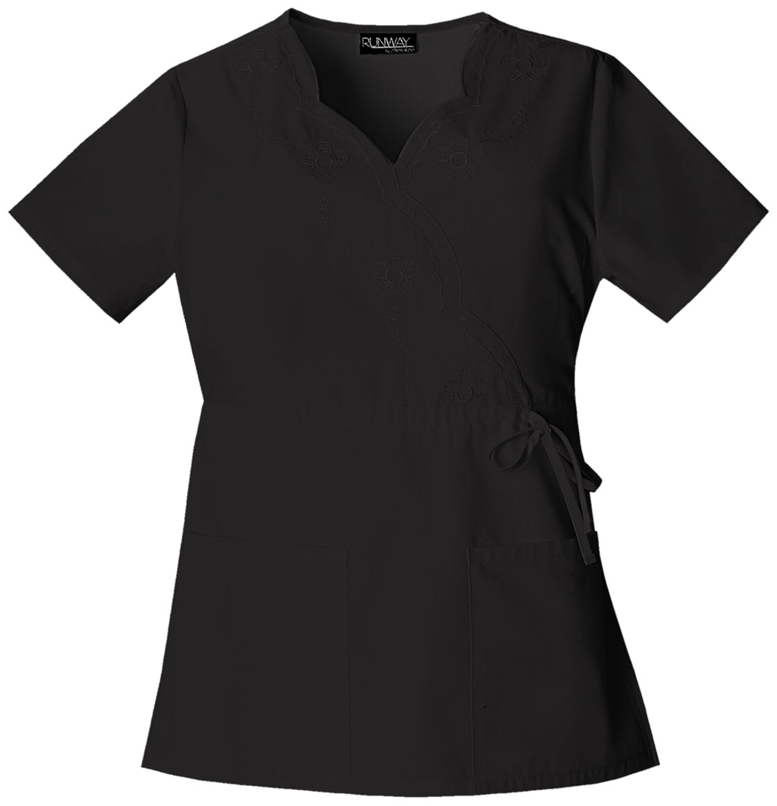Cherokee Fashion Solids Mock Wrap Embroidered Top