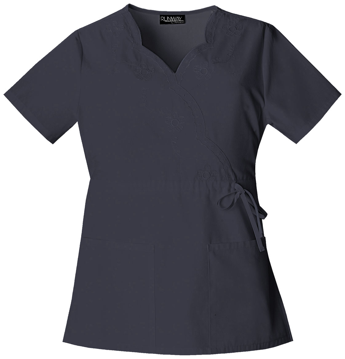 Cherokee Fashion Solids Mock Wrap Embroidered Top