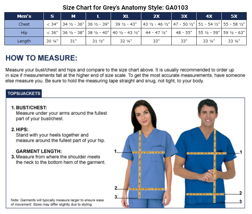 Grey's Anatomy Scrubs Size Chart